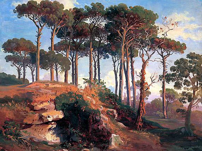 1813-Johann Jakob Frey - Pini sul lago di Nemi